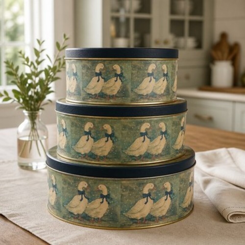 (3) VTG COTTAGE-CORE 1980s RETRO BLUE-NESTING TINS-CottageCore Ducks/Geese/Goose